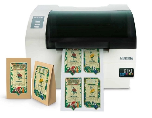LX610e color label printer with printed tea bags.